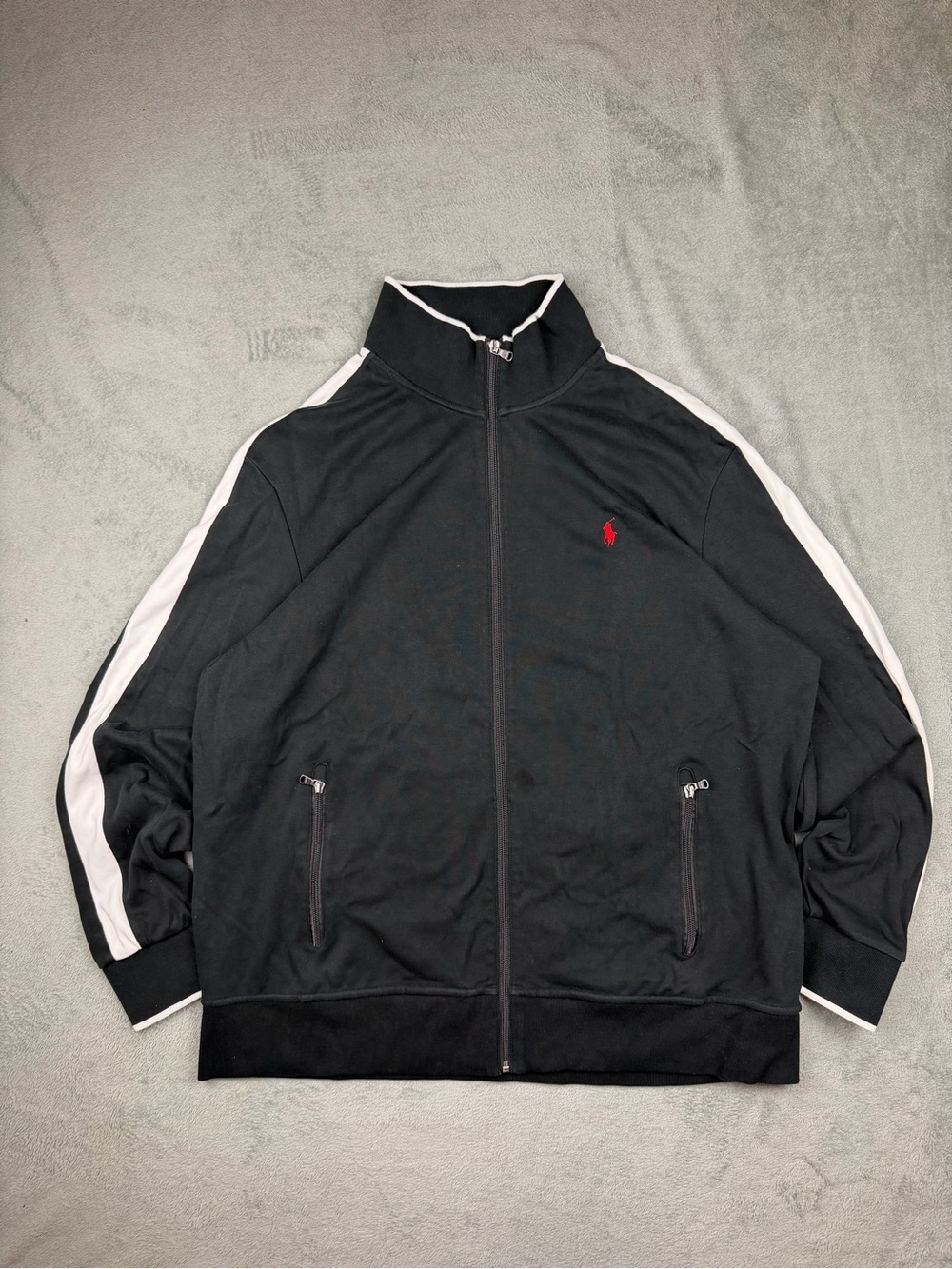 Polo by Ralph Lauren Black Bomber Jacket with White Sleeve Stripes